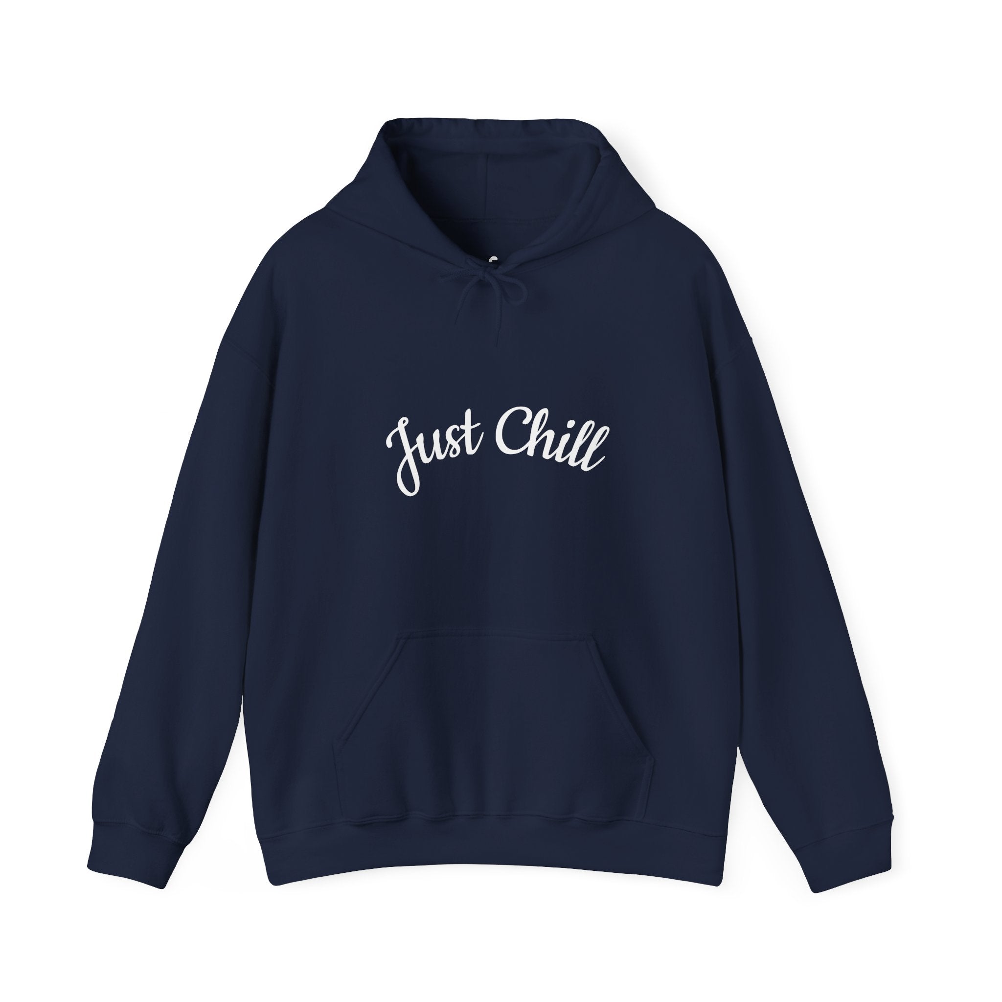 Navy hoodie with 'Just Chill' text on a white background