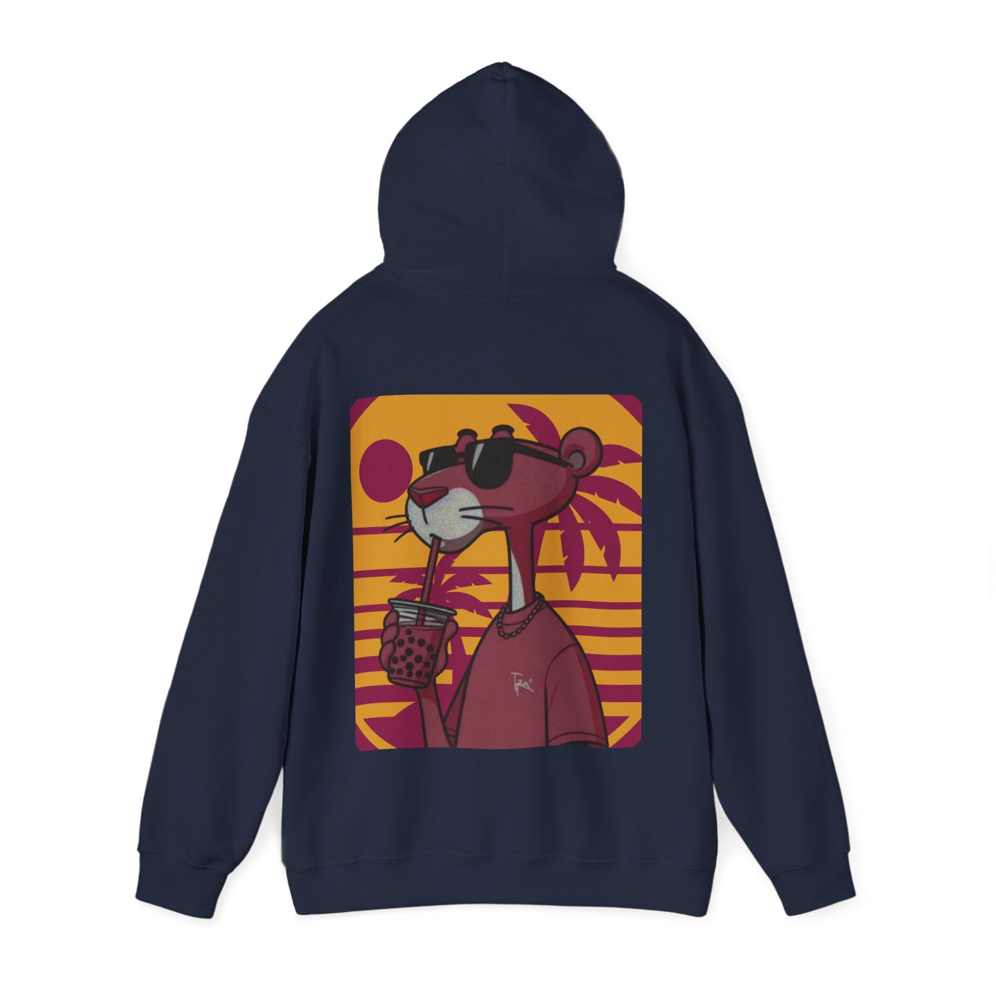 Navy hoodie with a cartoon character design on the back against a white background