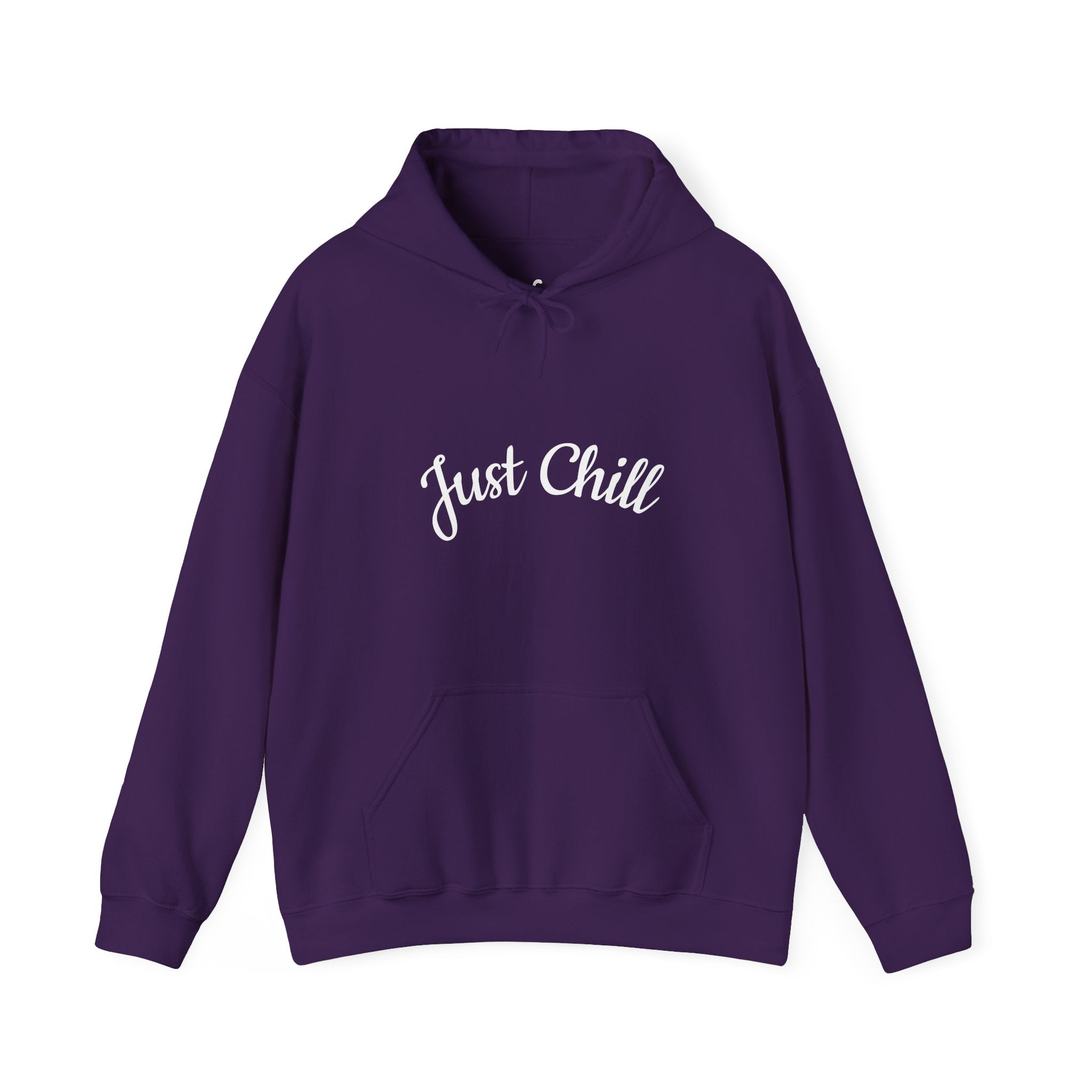 Purple hoodie with 'Just Chill' text on a white background