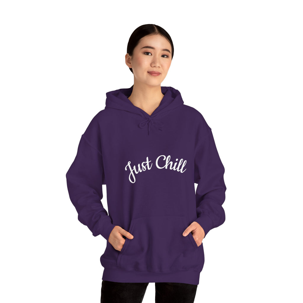Person wearing a purple hoodie with 'Just Chill' text on a white background