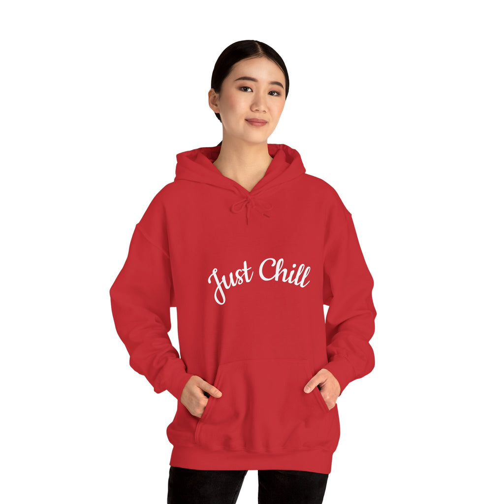 Person wearing a red hoodie with 'Just Chill' text on a white background