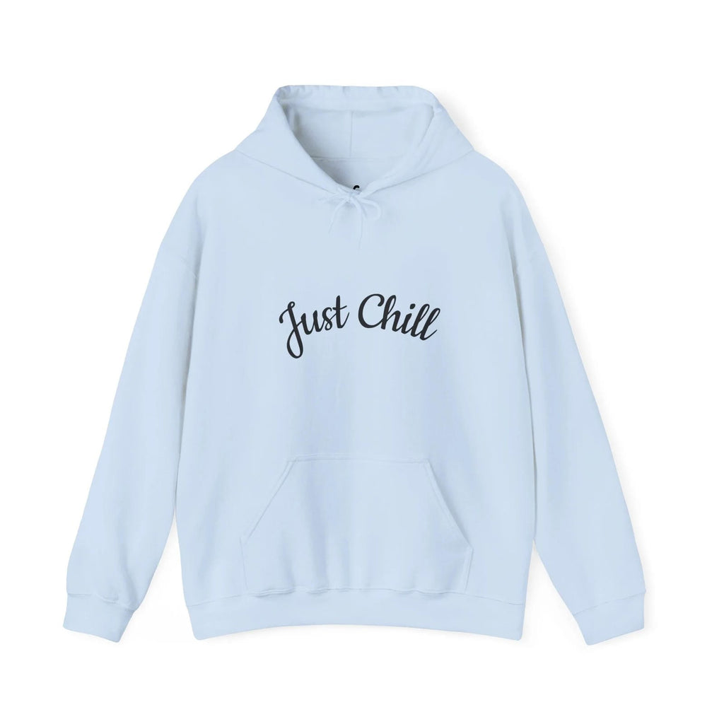 Light blue hoodie with 'Just Chill' text on a white background