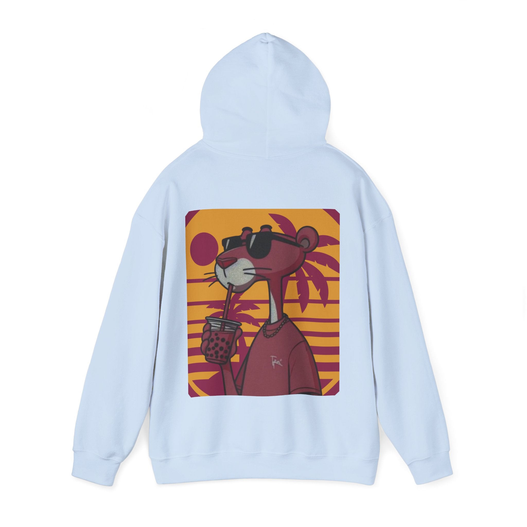 Light blue hoodie with a cartoon character on the back against a white background