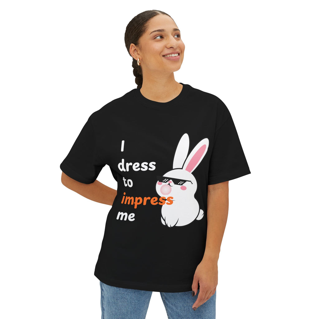 Person wearing a black t-shirt with a bunny graphic and text on a white background