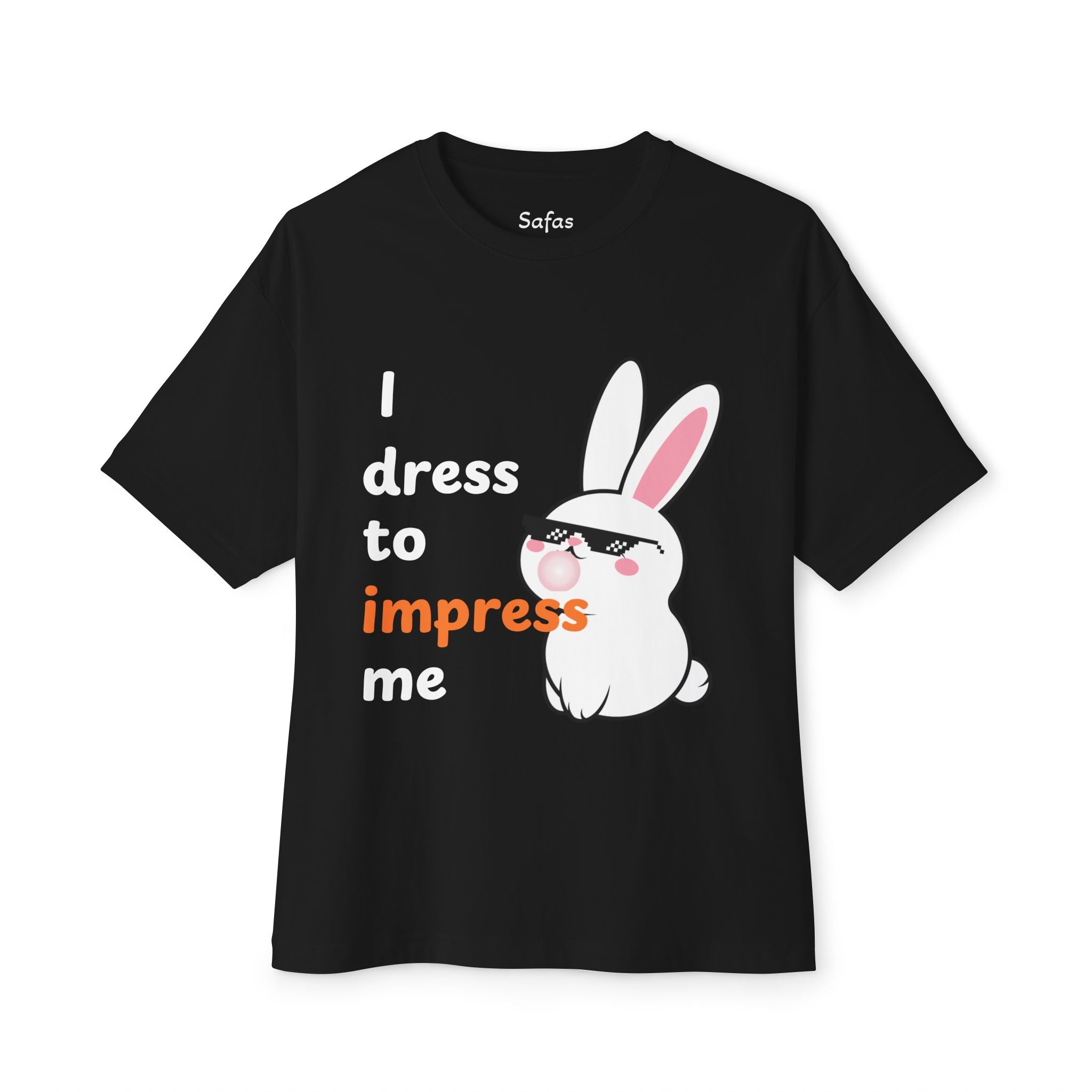 Black t-shirt with a cartoon rabbit and text on a white background