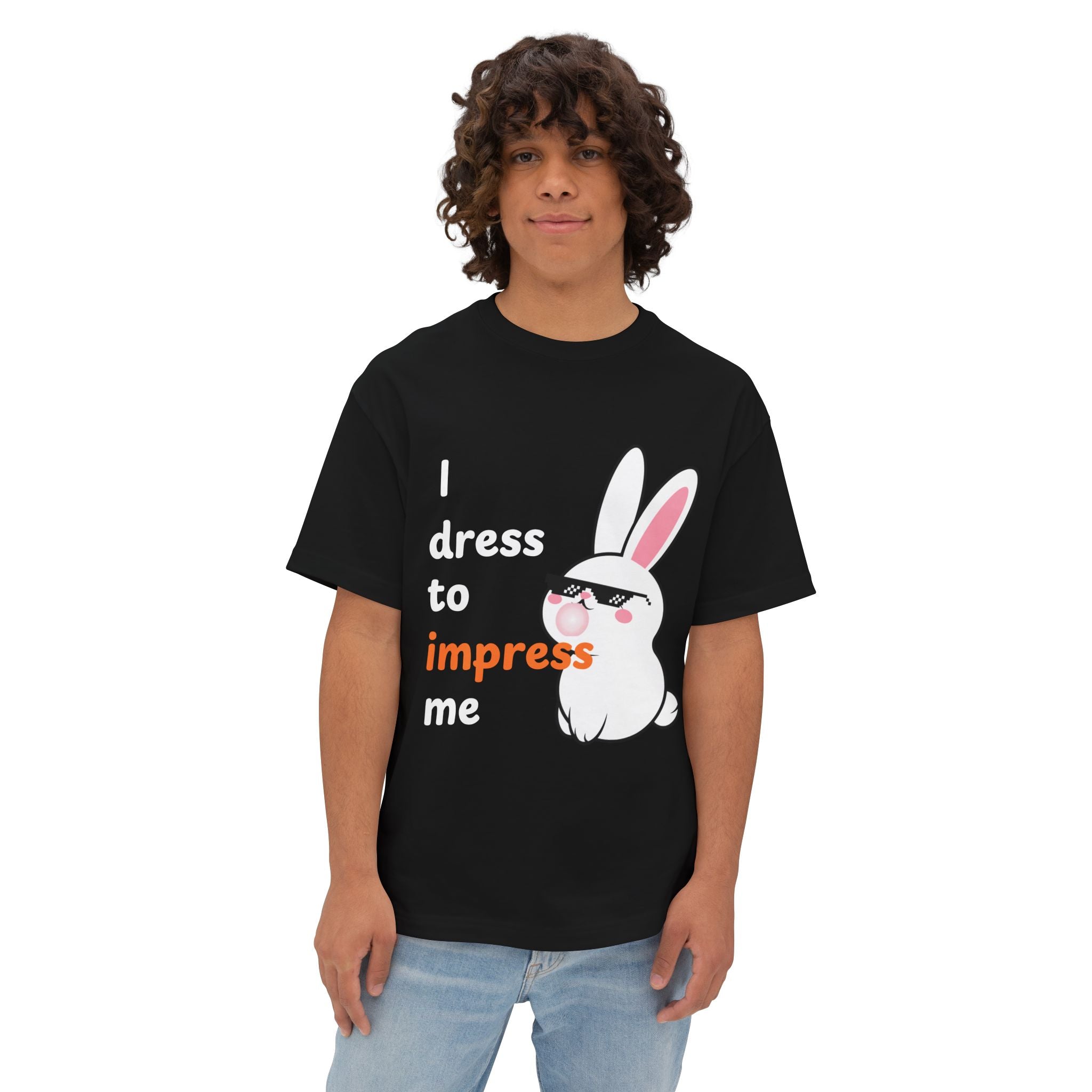 Person wearing a black t-shirt with a bunny graphic and text on a white background