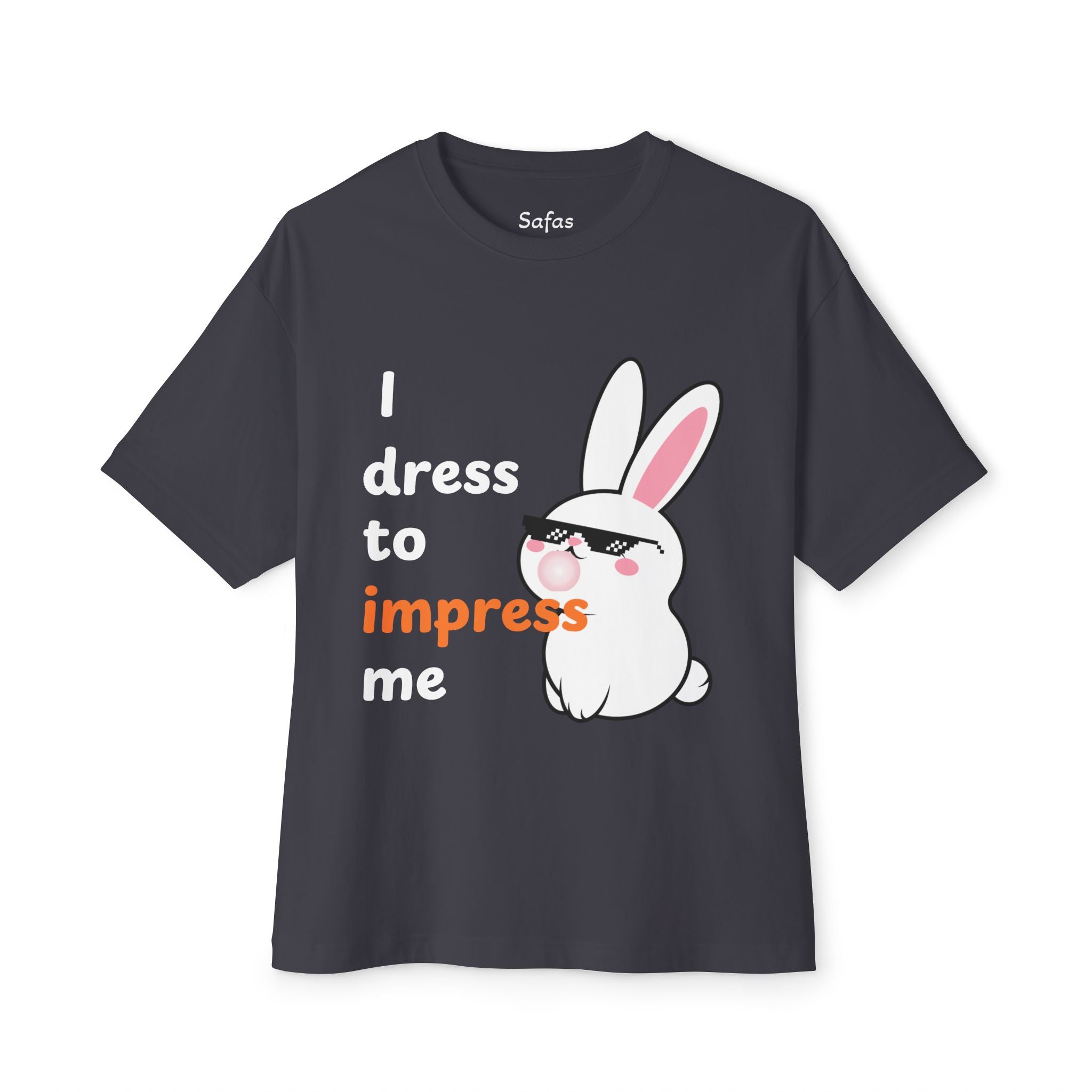 Dark Gray t-shirt with a cartoon rabbit and text on a white background