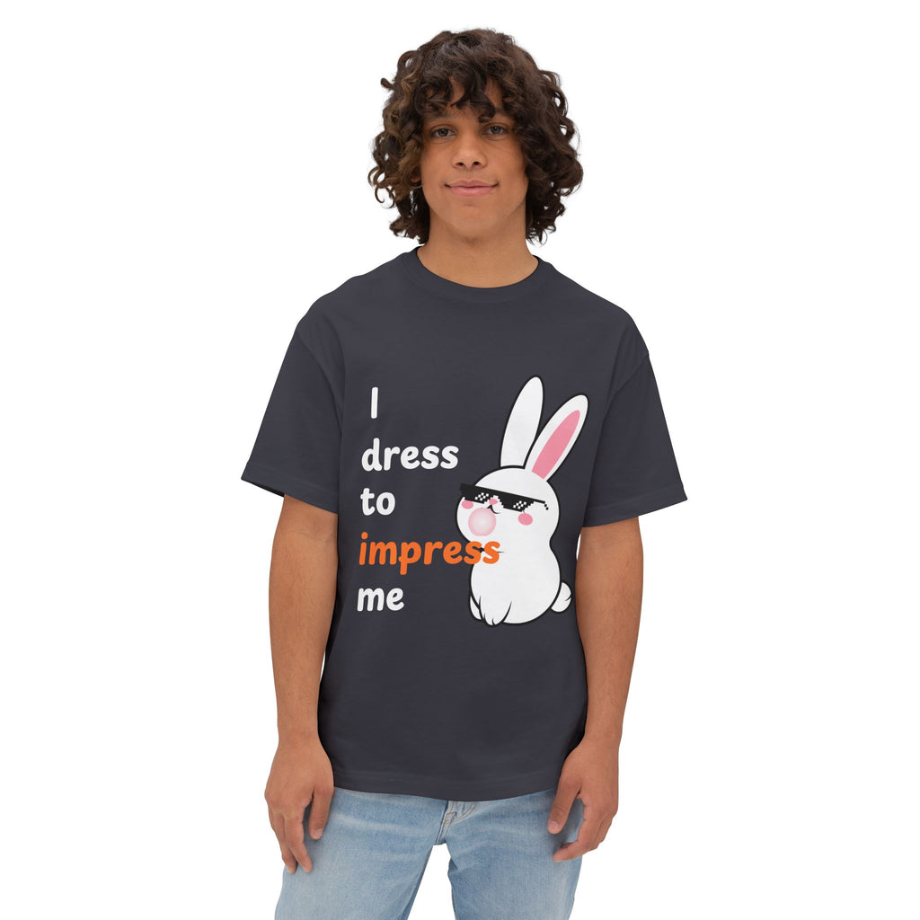 Person wearing a Dark Grey t-shirt with a graphic of a rabbit and text on a white background