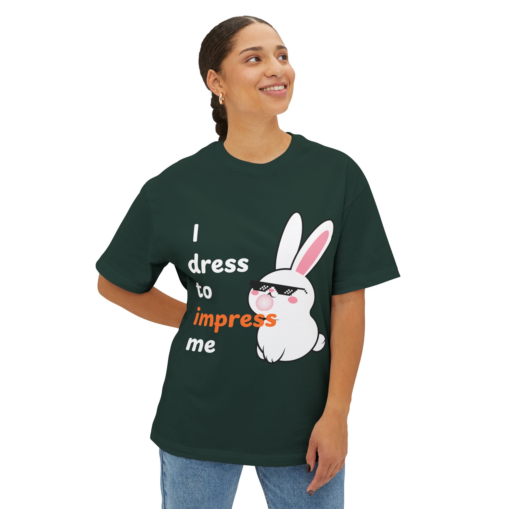 Person wearing a Forest t-shirt with a bunny graphic and text on a white background