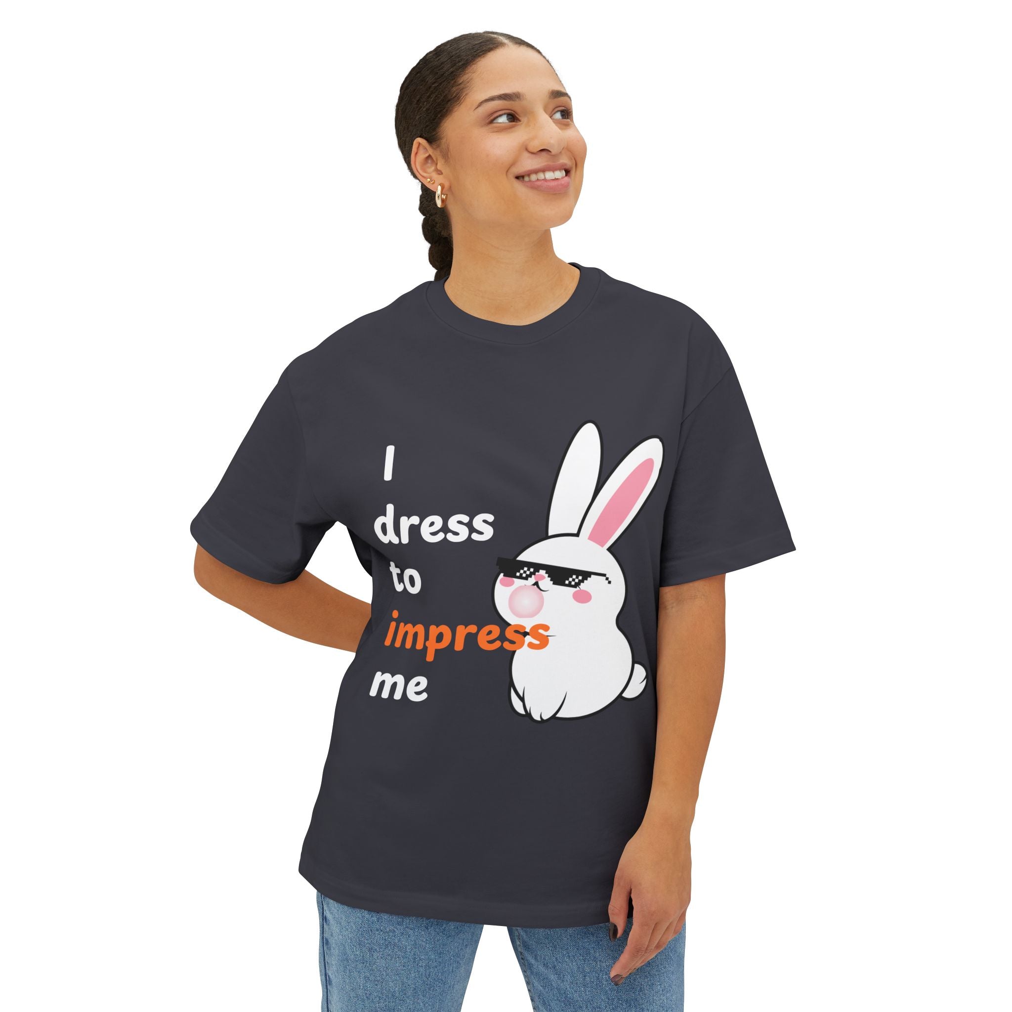 Person wearing a Dark Grey t-shirt with a graphic of a rabbit and text on a white background