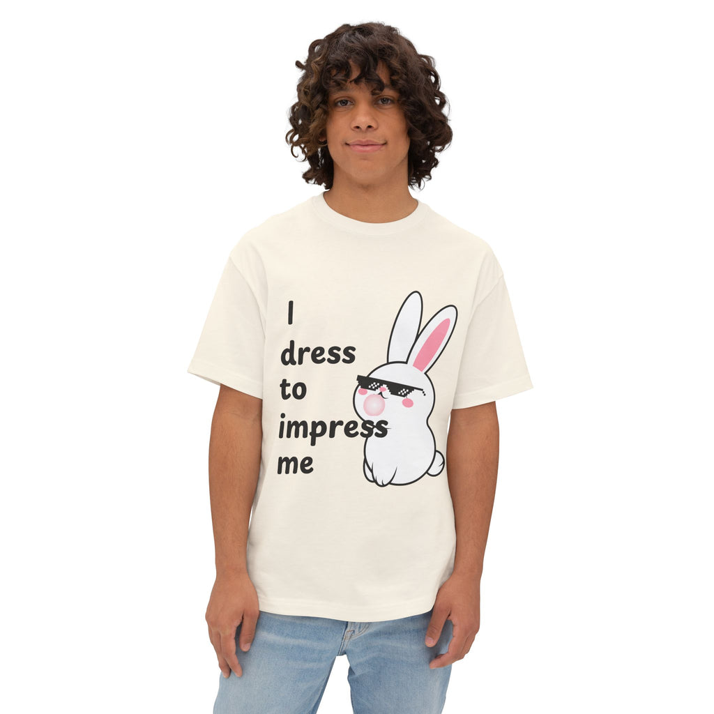 Person wearing a Natural t-shirt with a graphic of a rabbit and text on a white background