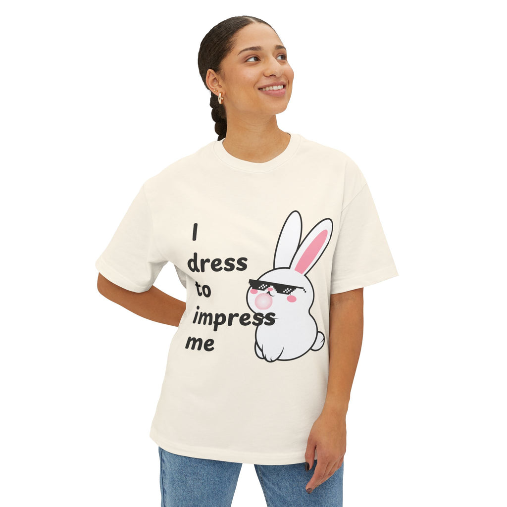 Person wearing a Natural t-shirt with a cartoon bunny and text on a white background