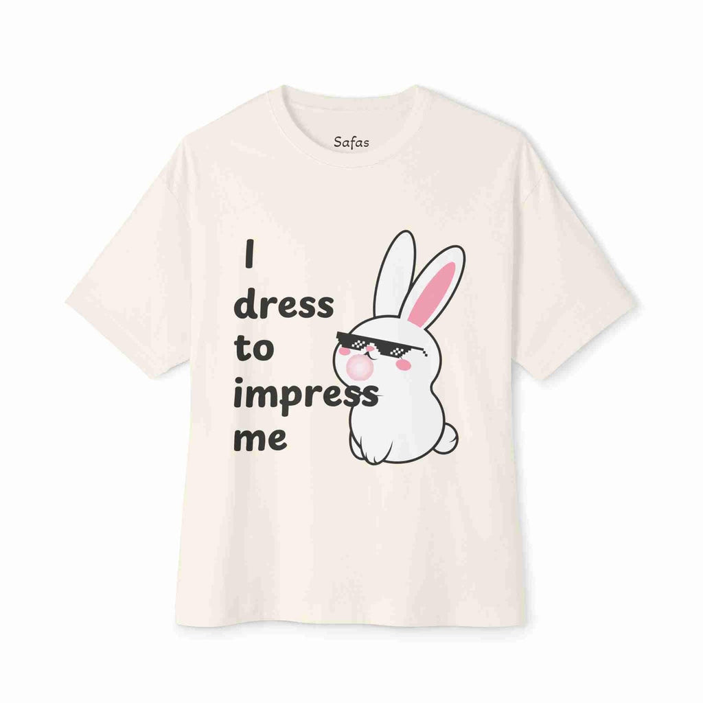 Natural t-shirt with a cartoon rabbit and text on a white background