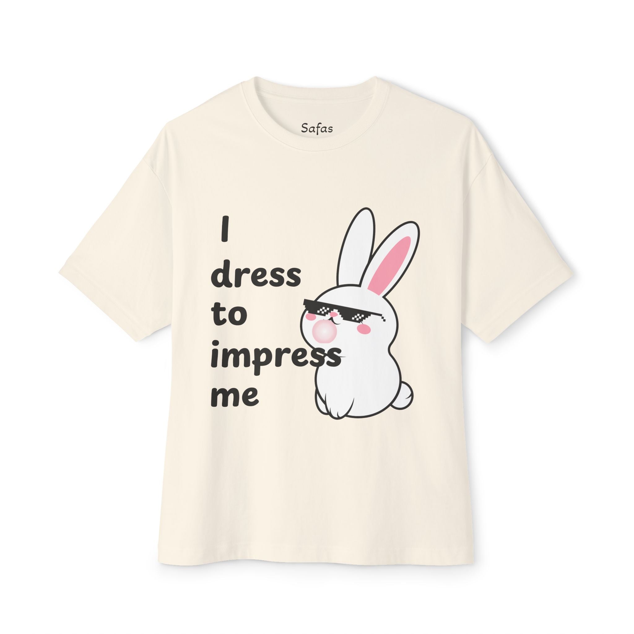Natural t-shirt with a cartoon rabbit and text on a white background