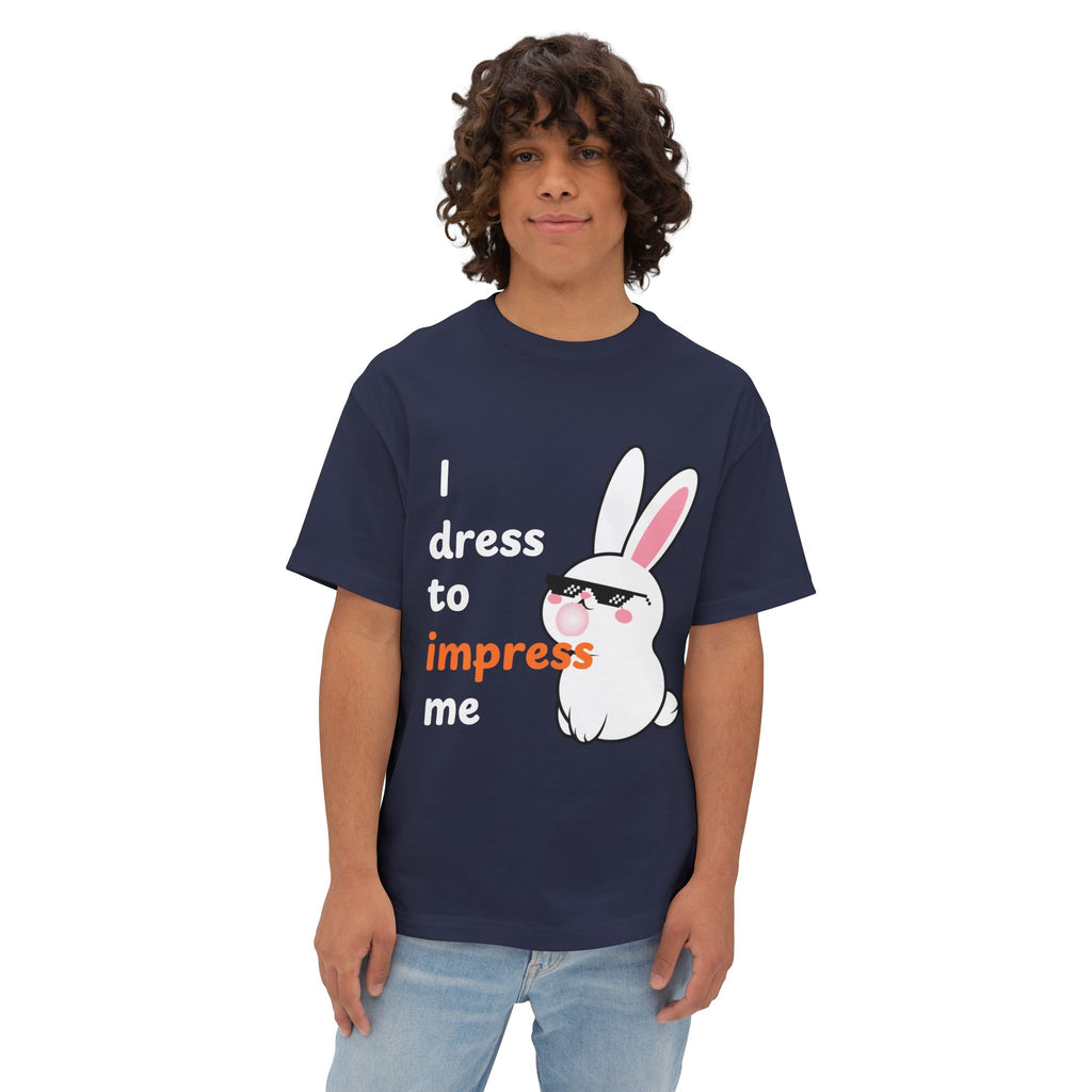 Person wearing a navy blue t-shirt with a graphic of a rabbit and text on a white background