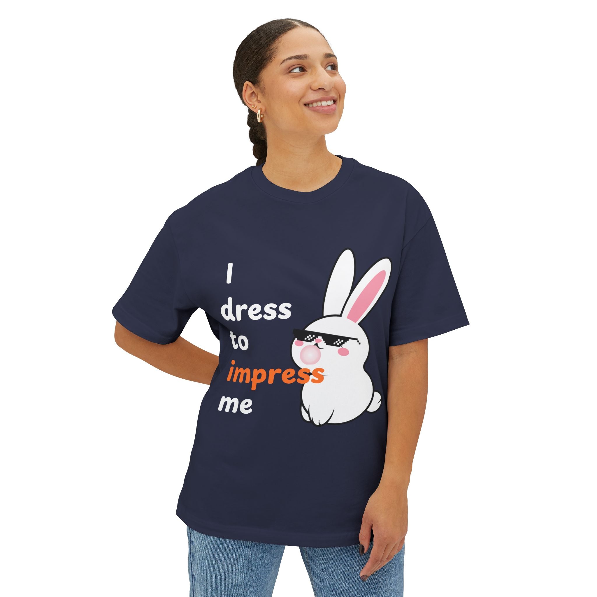 Person wearing a navy blue t-shirt with a cartoon bunny and text on a white background