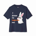 Navy blue t-shirt with a cartoon rabbit and text on a white background