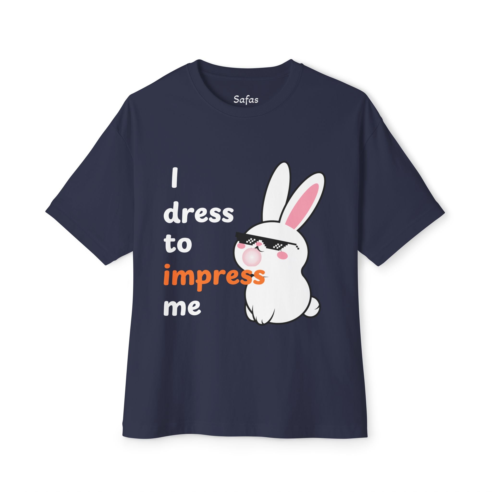 Navy blue t-shirt with a cartoon rabbit and text on a white background