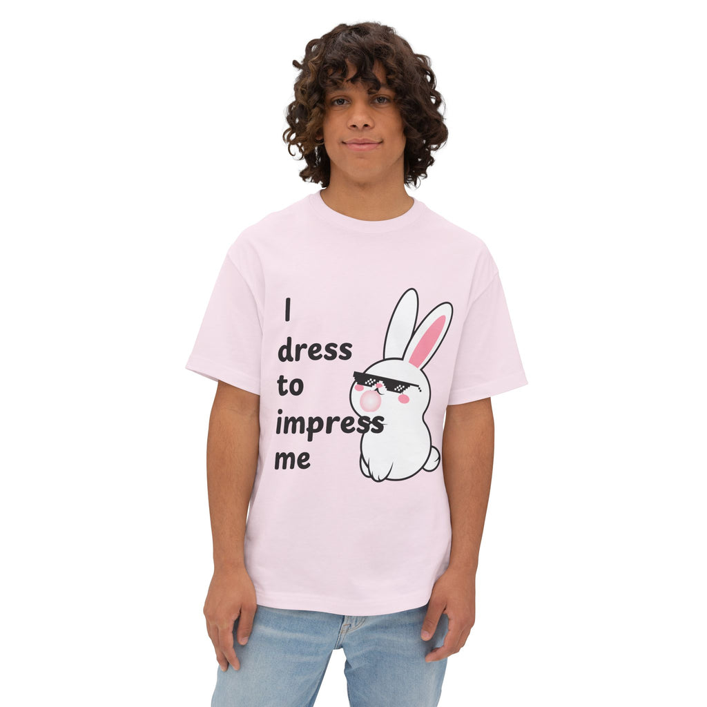 Person wearing a pink t-shirt with a graphic of a rabbit and text on a white background