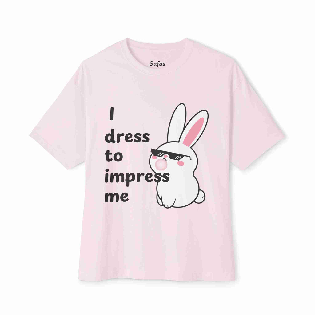 Soft Pink t-shirt with a cartoon bunny and text on a white background