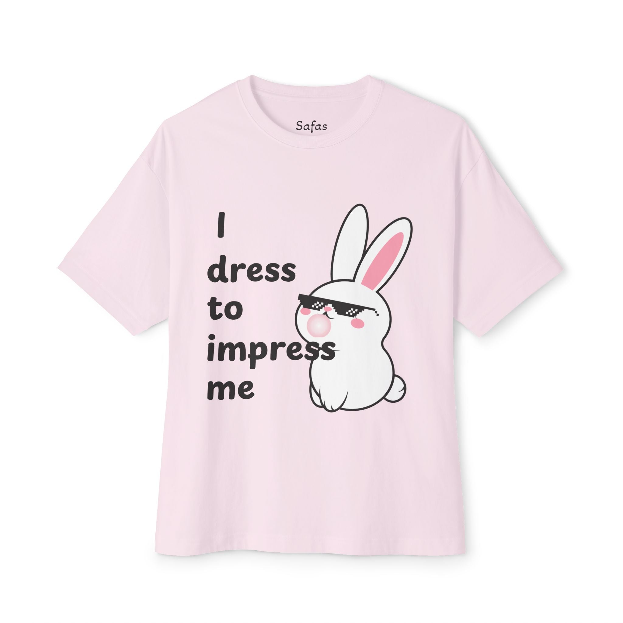 Soft Pink t-shirt with a cartoon bunny and text on a white background