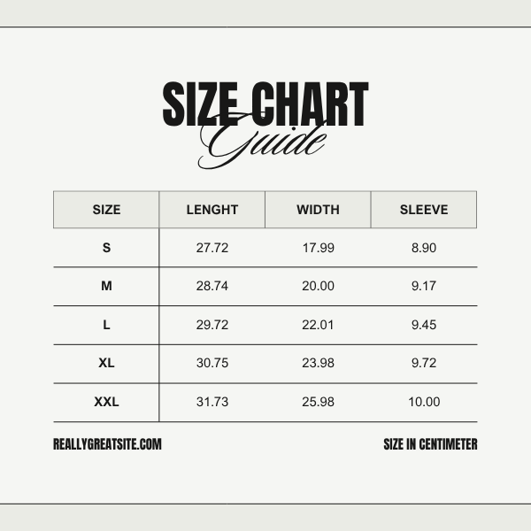 Size chart guide with measurements in centimeters for different sizes.