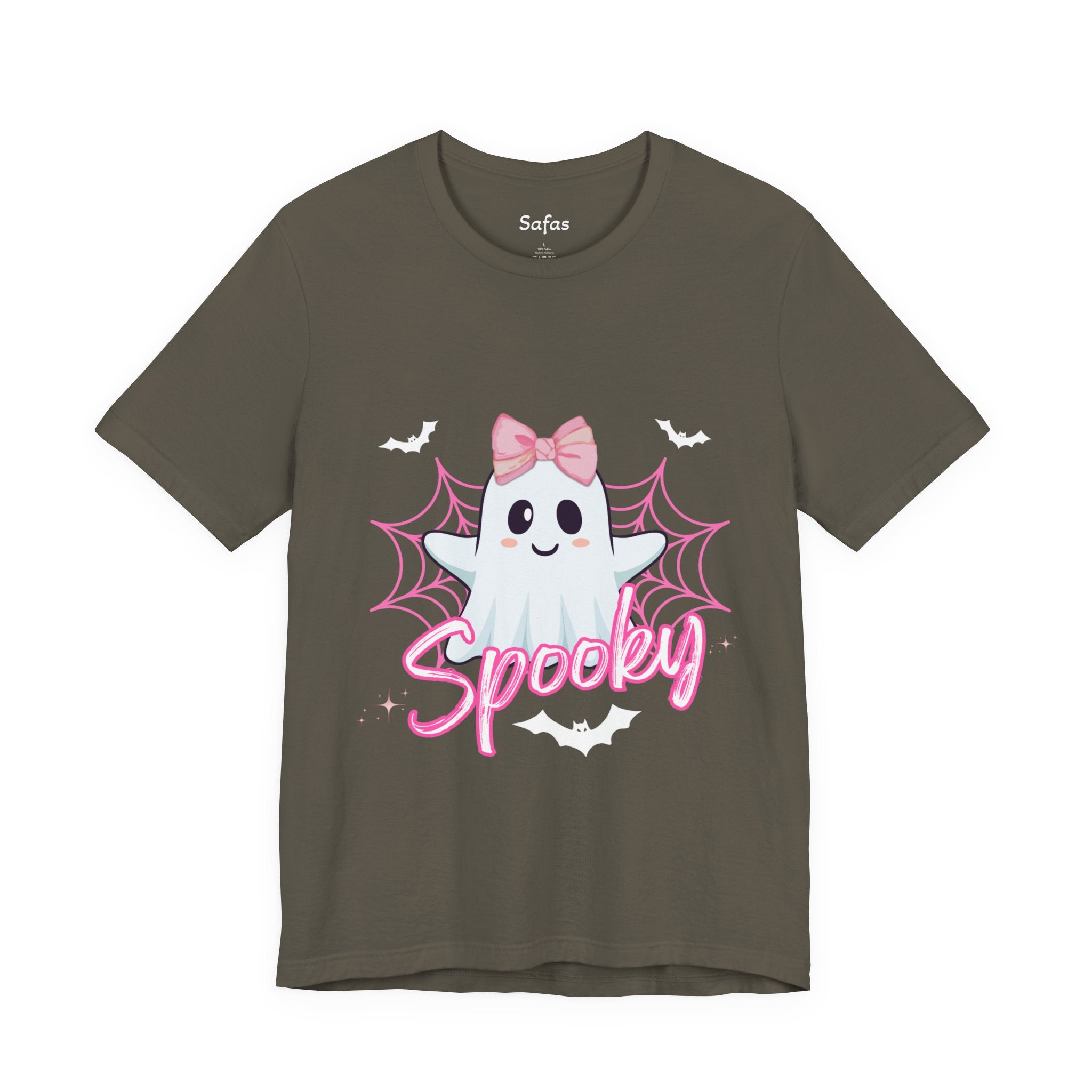 Army t-shirt with a ghost graphic and 'Spooky' text on a white background