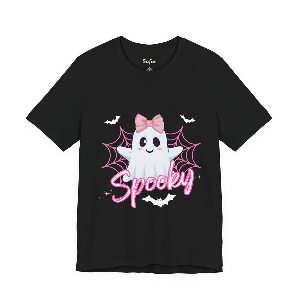 Black t-shirt with a cartoon ghost and 'Spooky' text on a white background