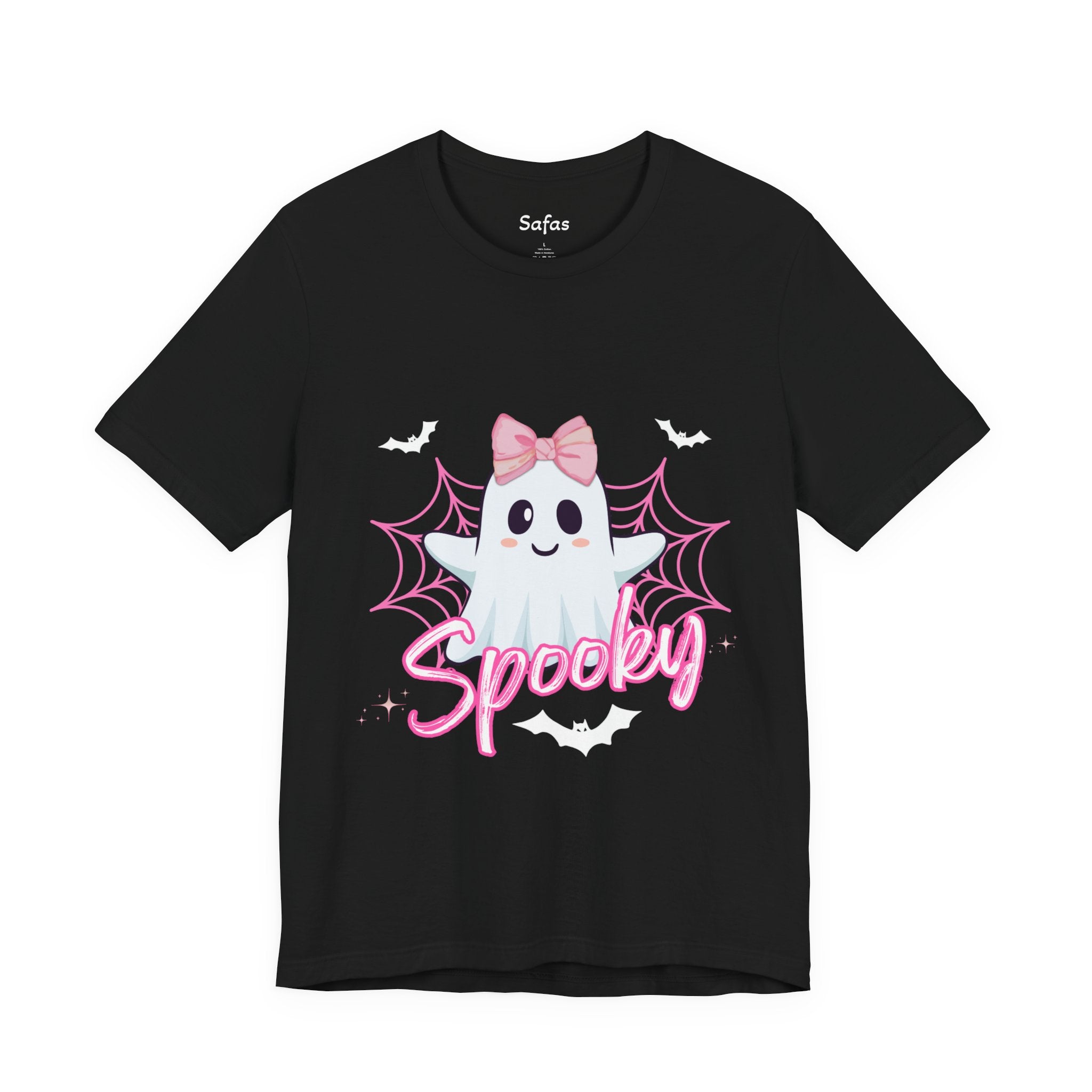 Black t-shirt with a cartoon ghost and 'Spooky' text on a white background