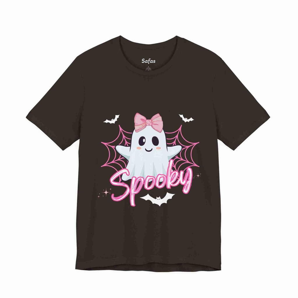 Brown t-shirt with a cartoon ghost wearing a pink bow and 'Spooky' text on a white background