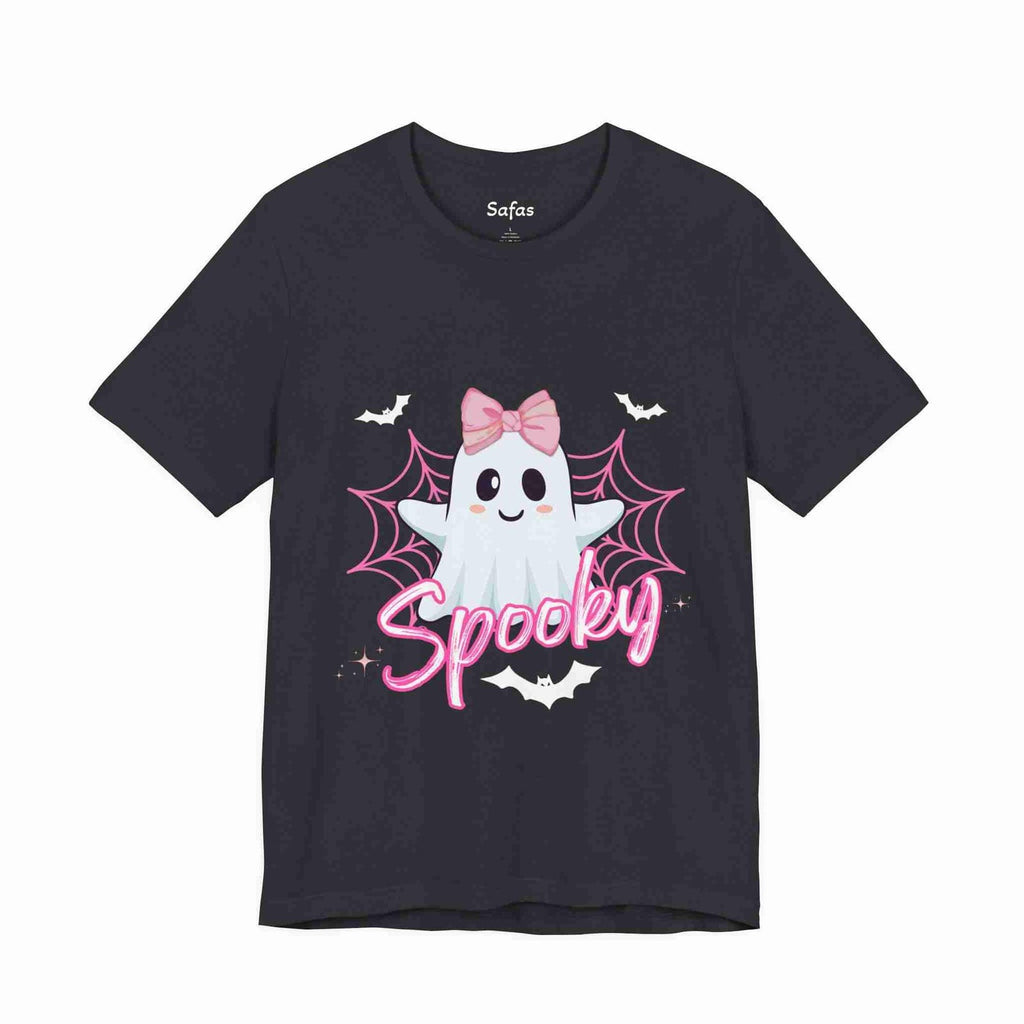 Dark Grey t-shirt with a ghost design and 'Spooky' text on a white background