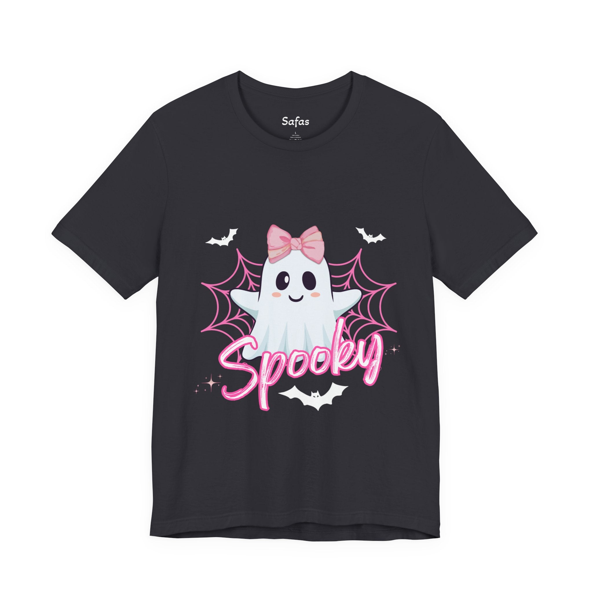 Dark Grey t-shirt with a ghost design and 'Spooky' text on a white background