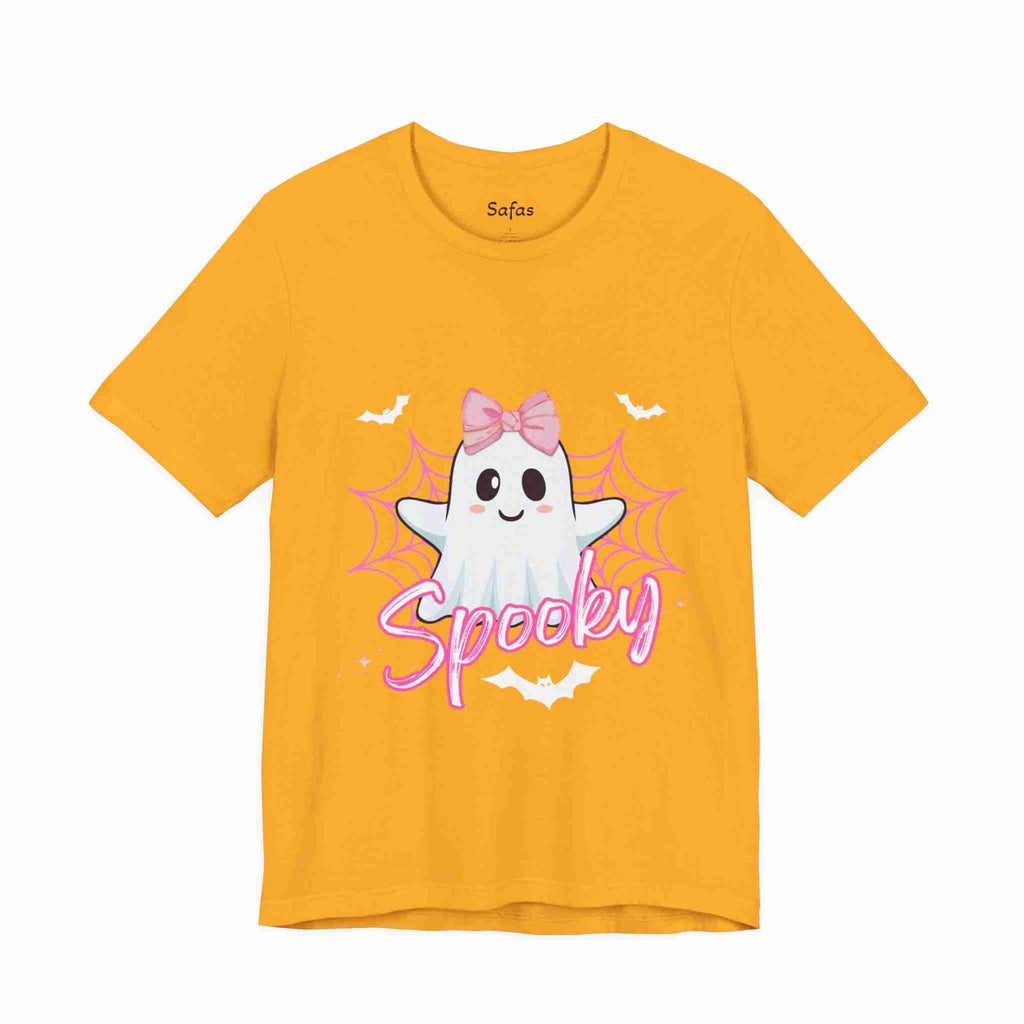 Gold t-shirt with a cartoon ghost and 'Spooky' text on a white background