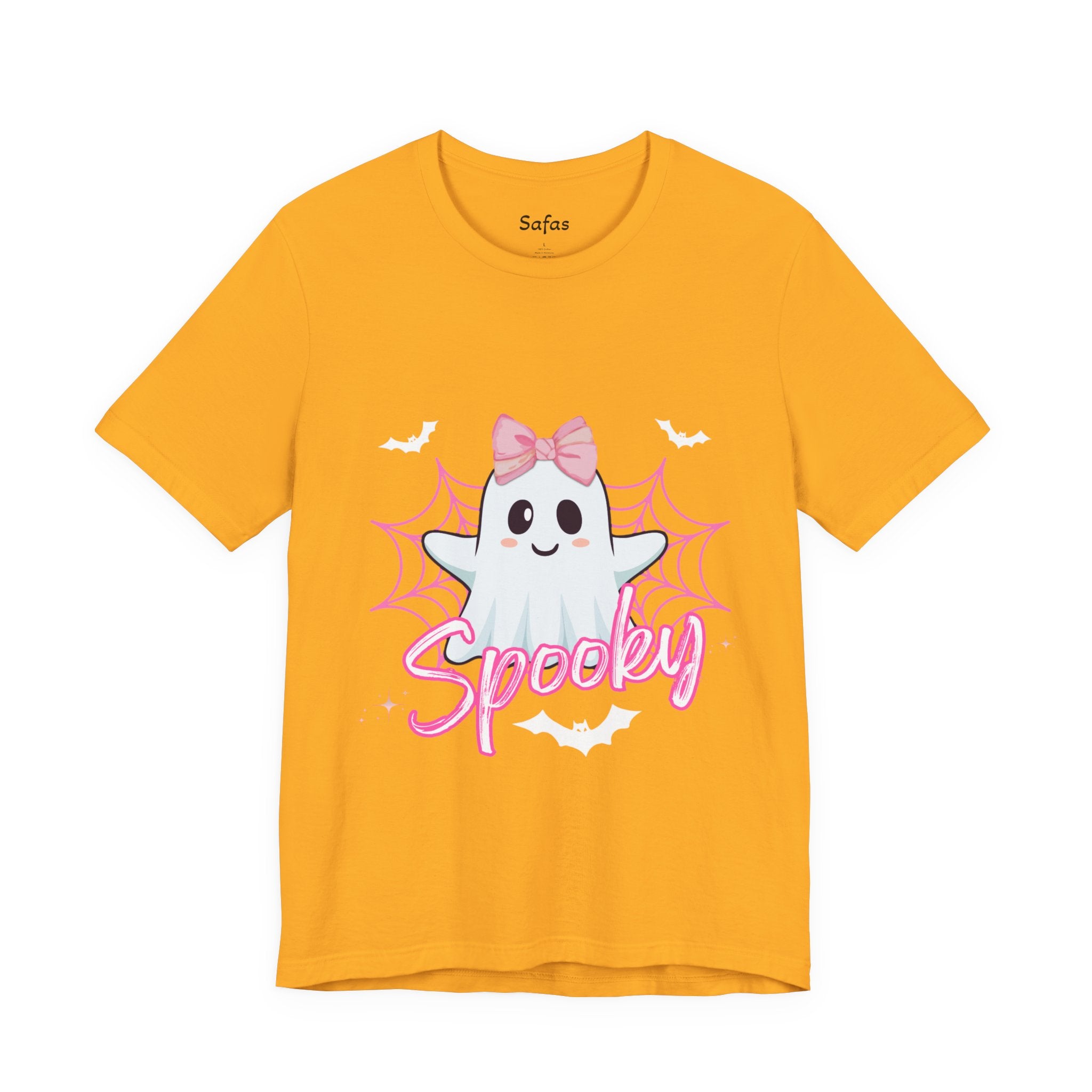 Gold t-shirt with a cartoon ghost and 'Spooky' text on a white background