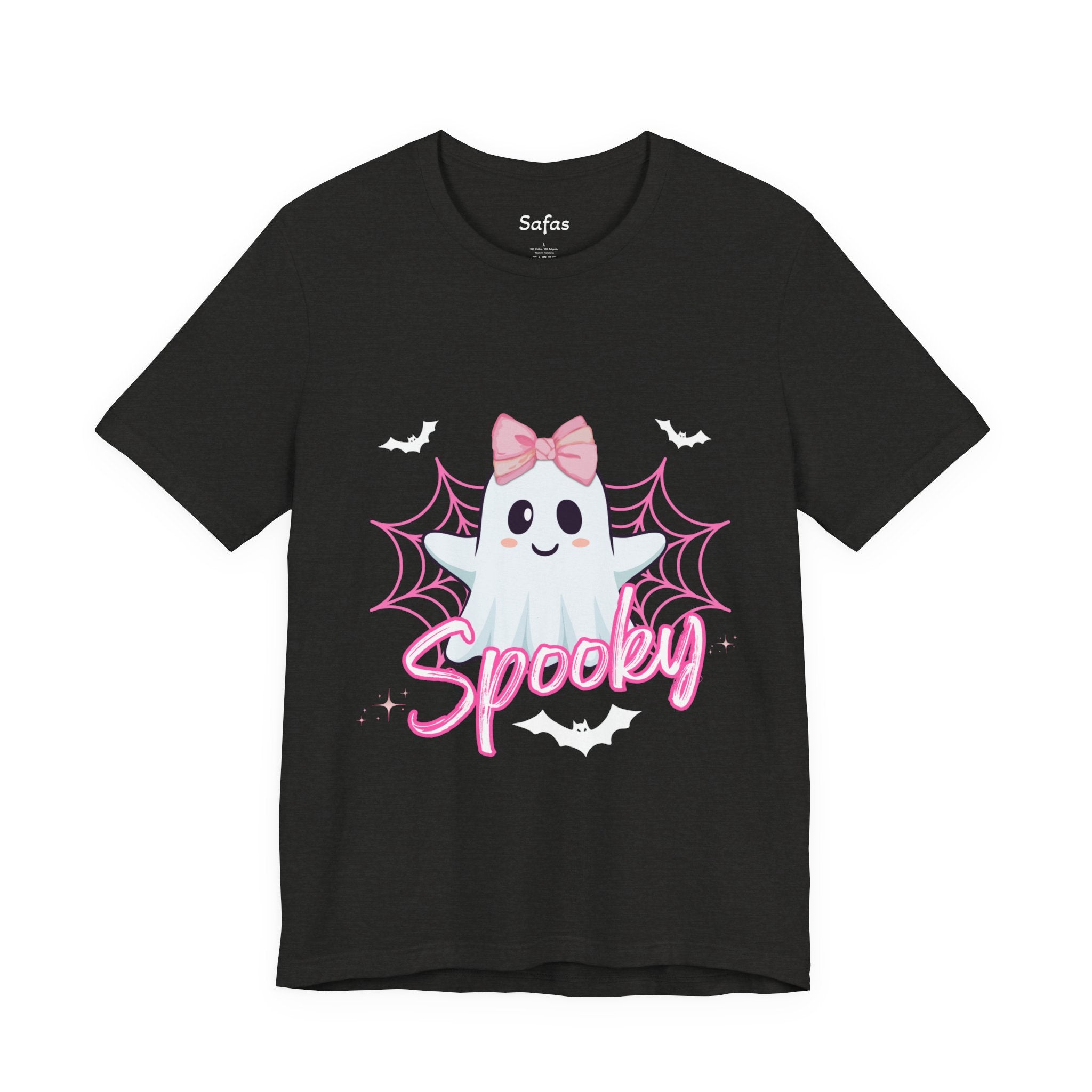 Heather Black t-shirt with a ghost graphic and 'Spooky' text on a white background
