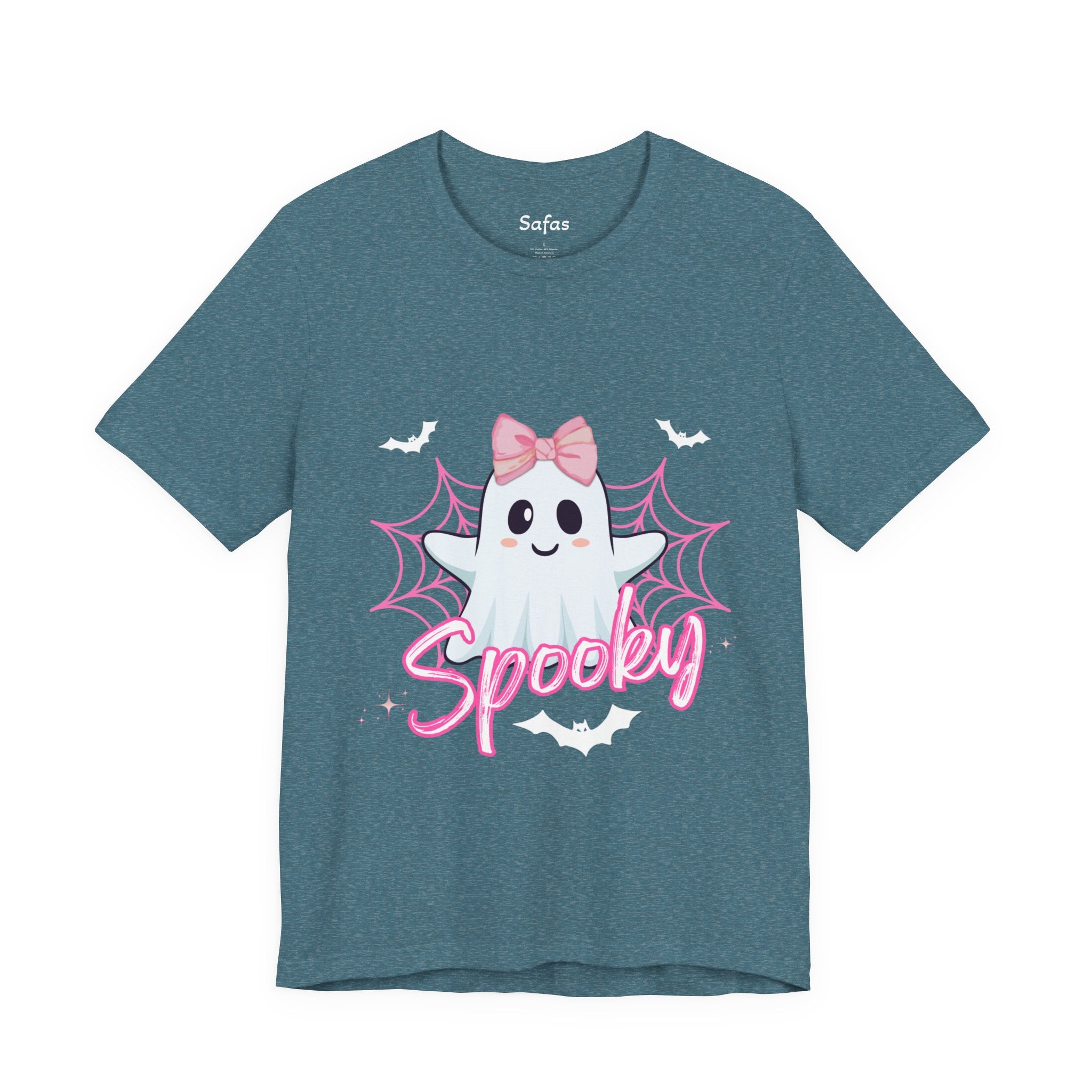 Heather deep Teal t-shirt with a ghost graphic and 'Spooky' text on a white background