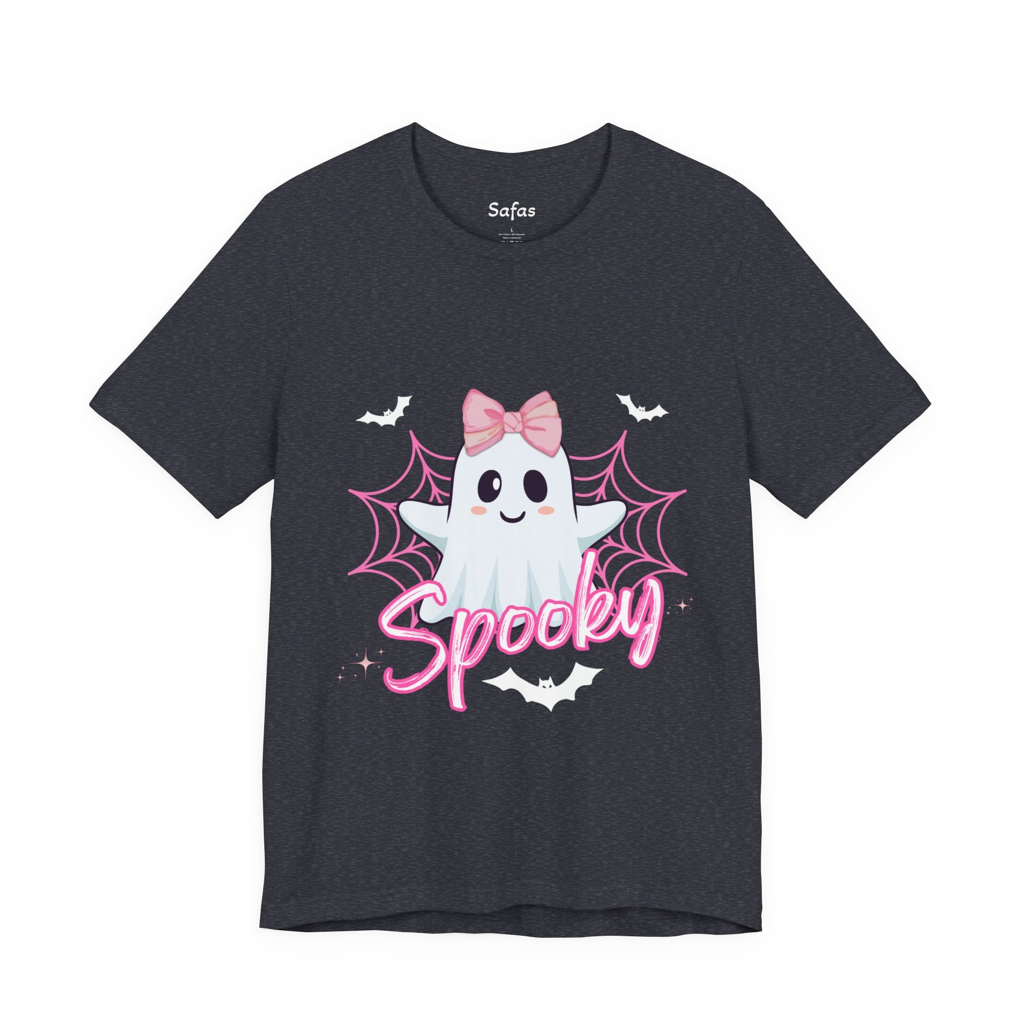 Heather Navy t-shirt with a ghost graphic and 'Spooky' text on a white background