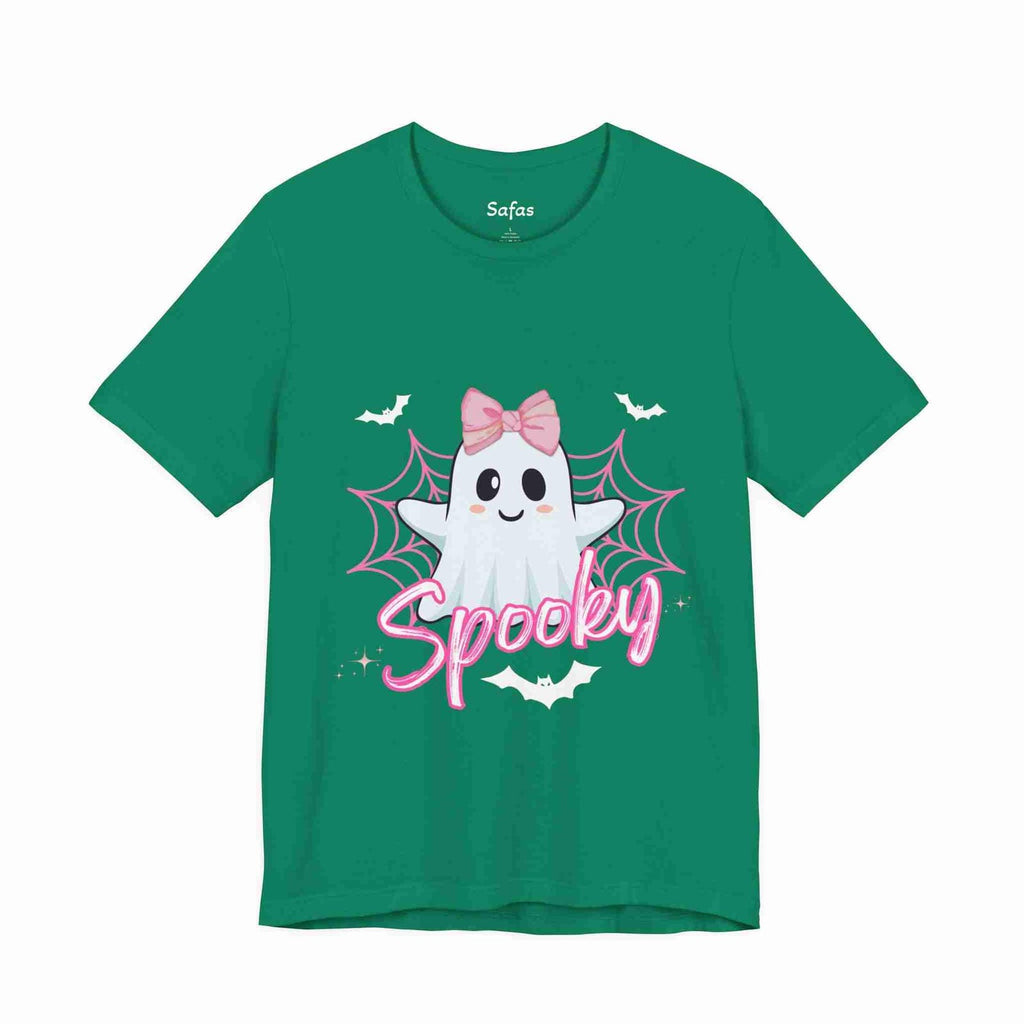 Kelly t-shirt with a ghost graphic and 'Spooky' text on a white background