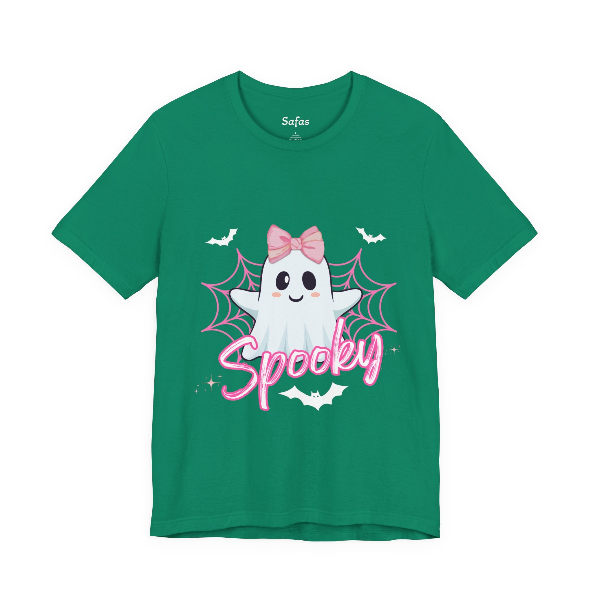 Kelly t-shirt with a ghost graphic and 'Spooky' text on a white background