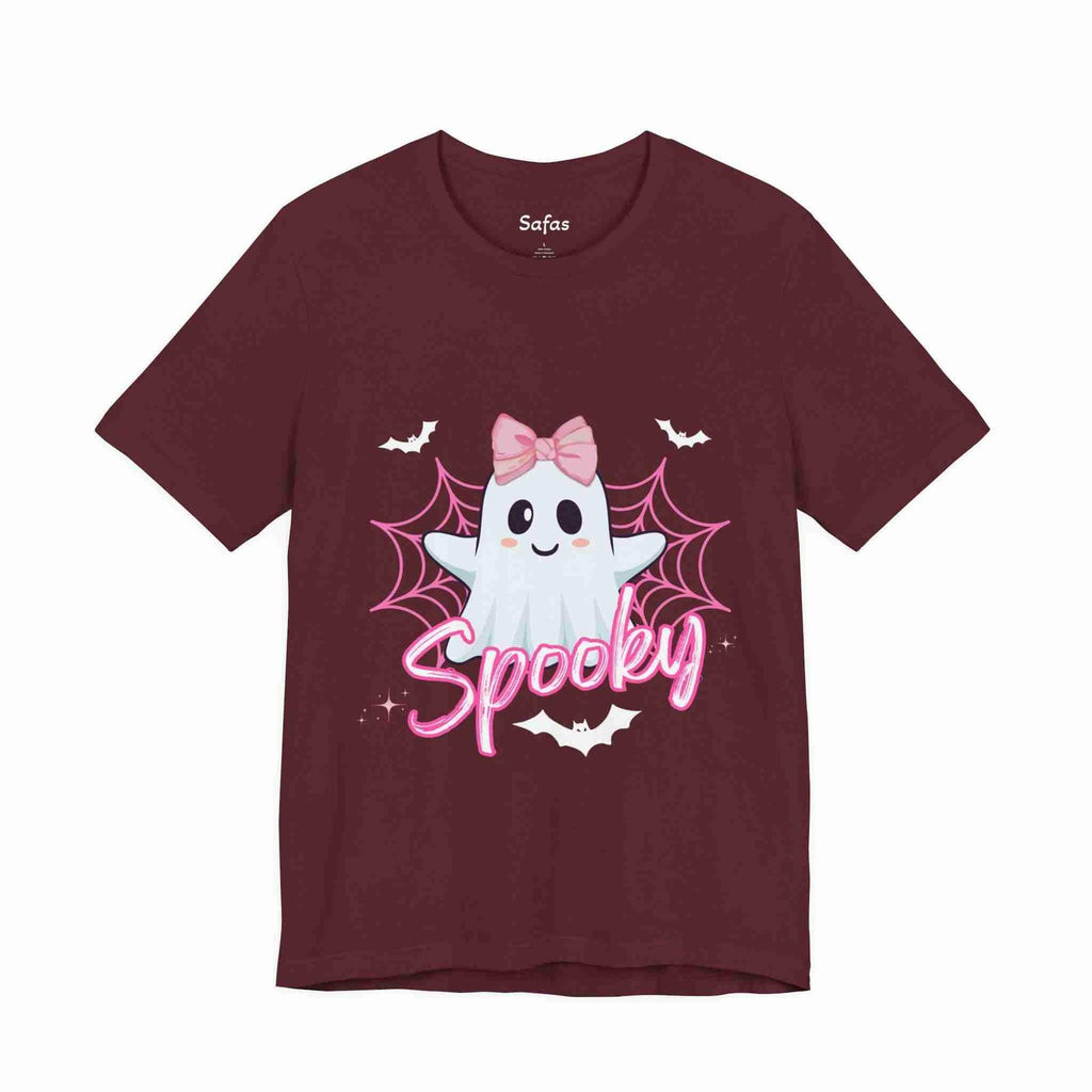 Maroon t-shirt with a ghost graphic and 'Spooky' text on a white background