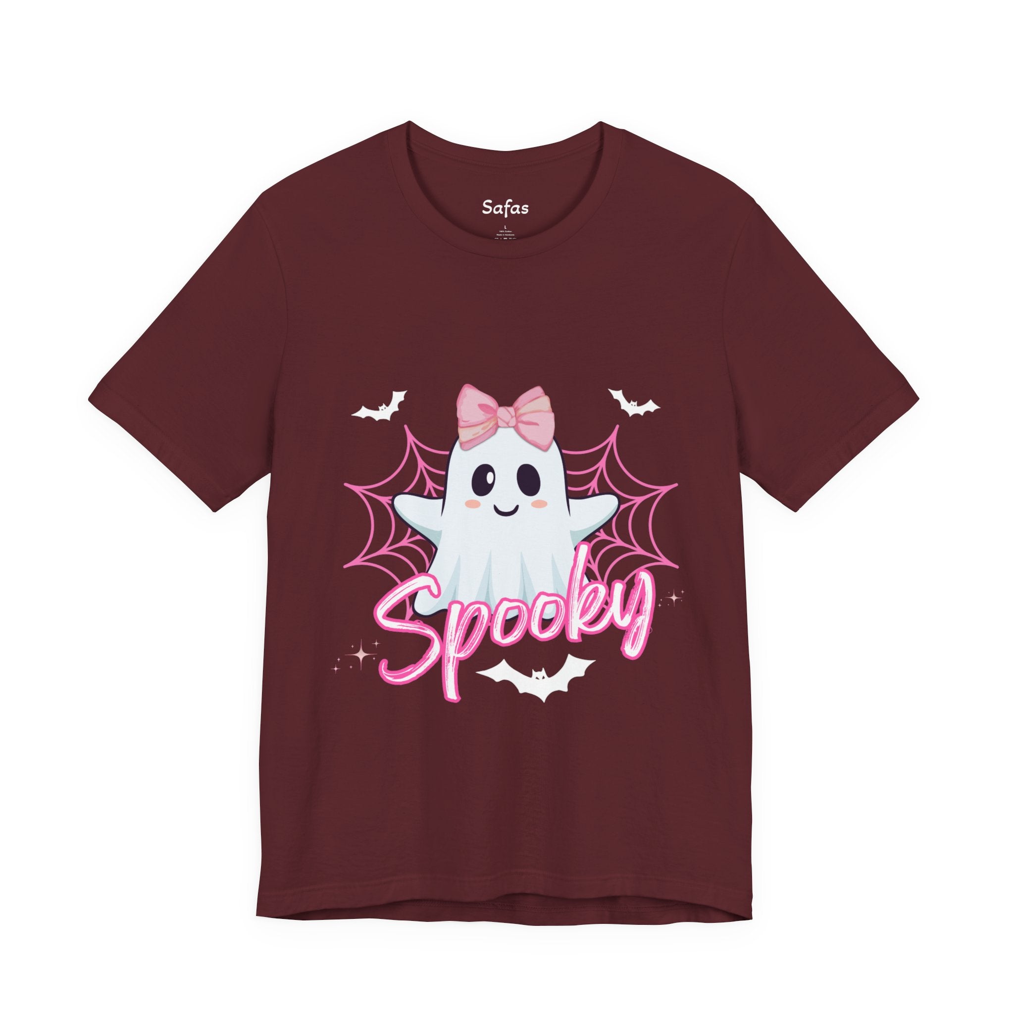 Maroon t-shirt with a ghost graphic and 'Spooky' text on a white background