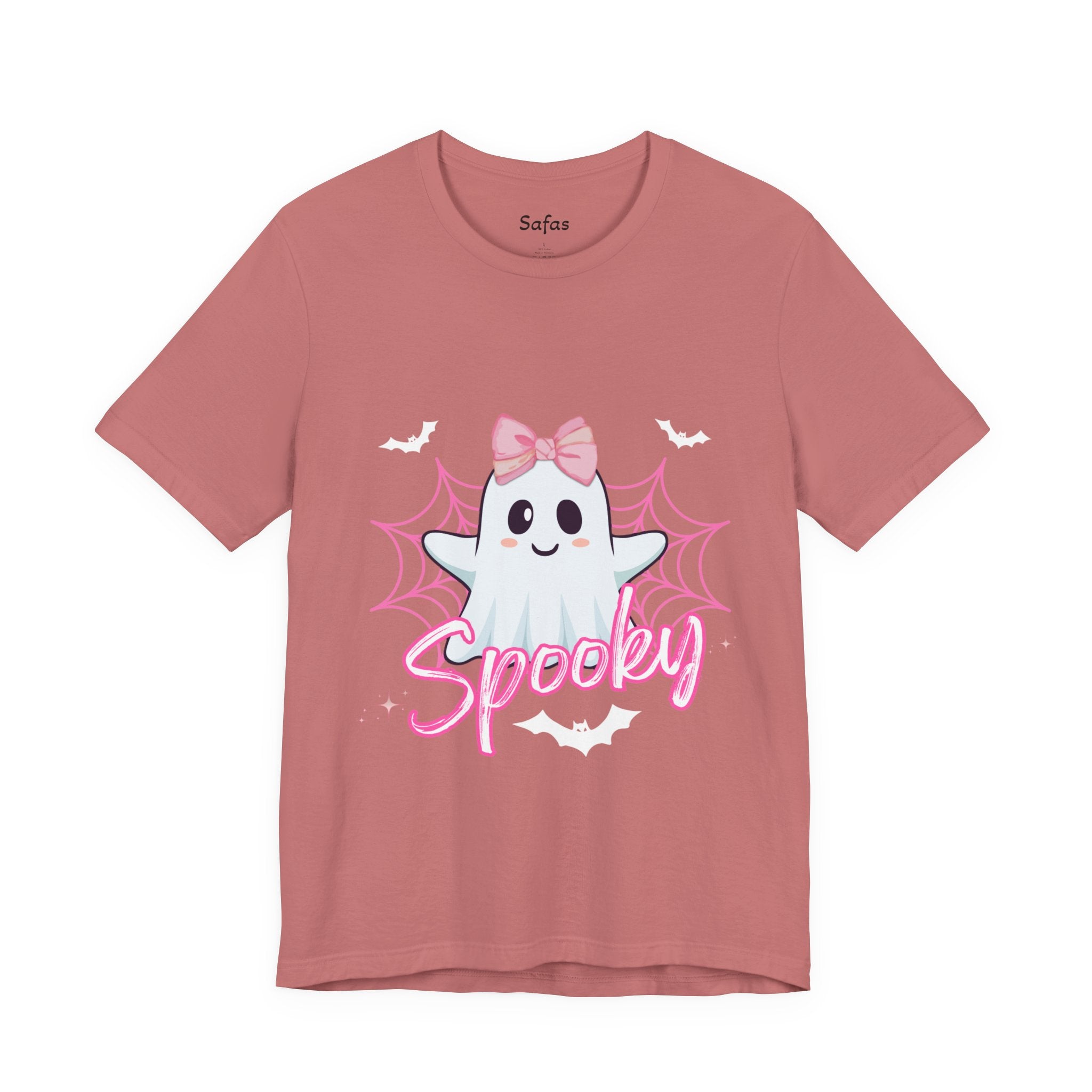 Mauve t-shirt with a ghost graphic and 'Spooky' text on a white background