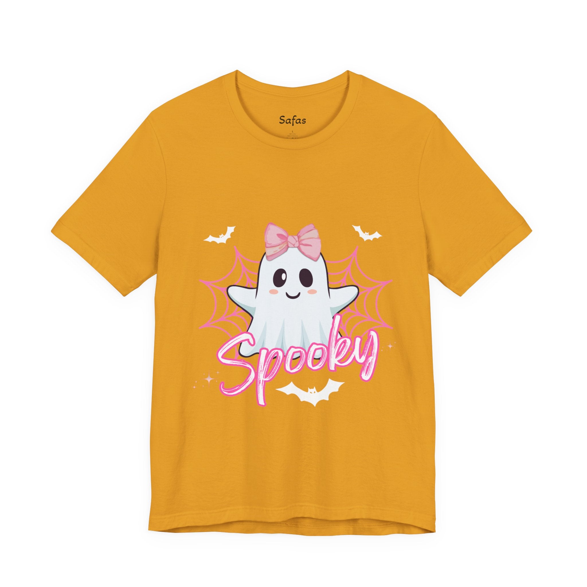 Musturd t-shirt with a ghost graphic and 'Spooky' text on a white background