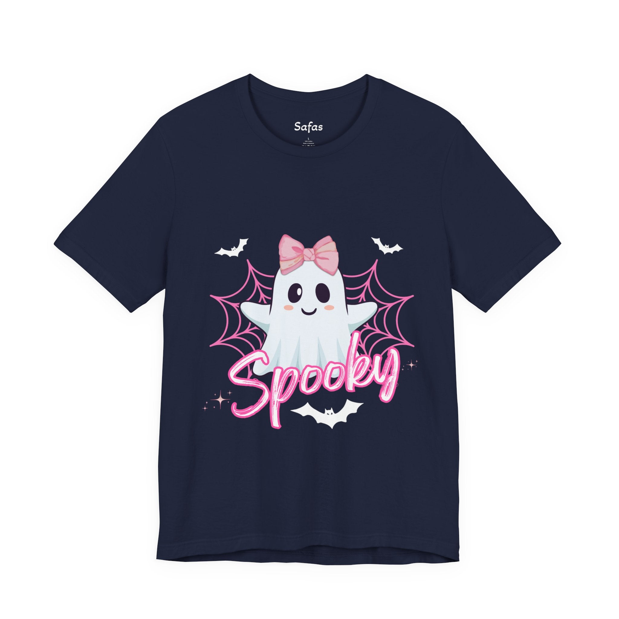 Navy t-shirt with a ghost graphic and 'Spooky' text on a white background