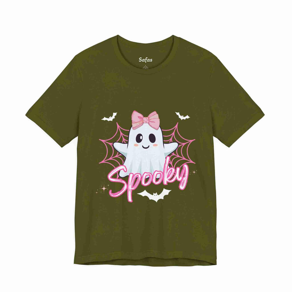 Olive t-shirt with a ghost graphic and 'Spooky' text on a white background