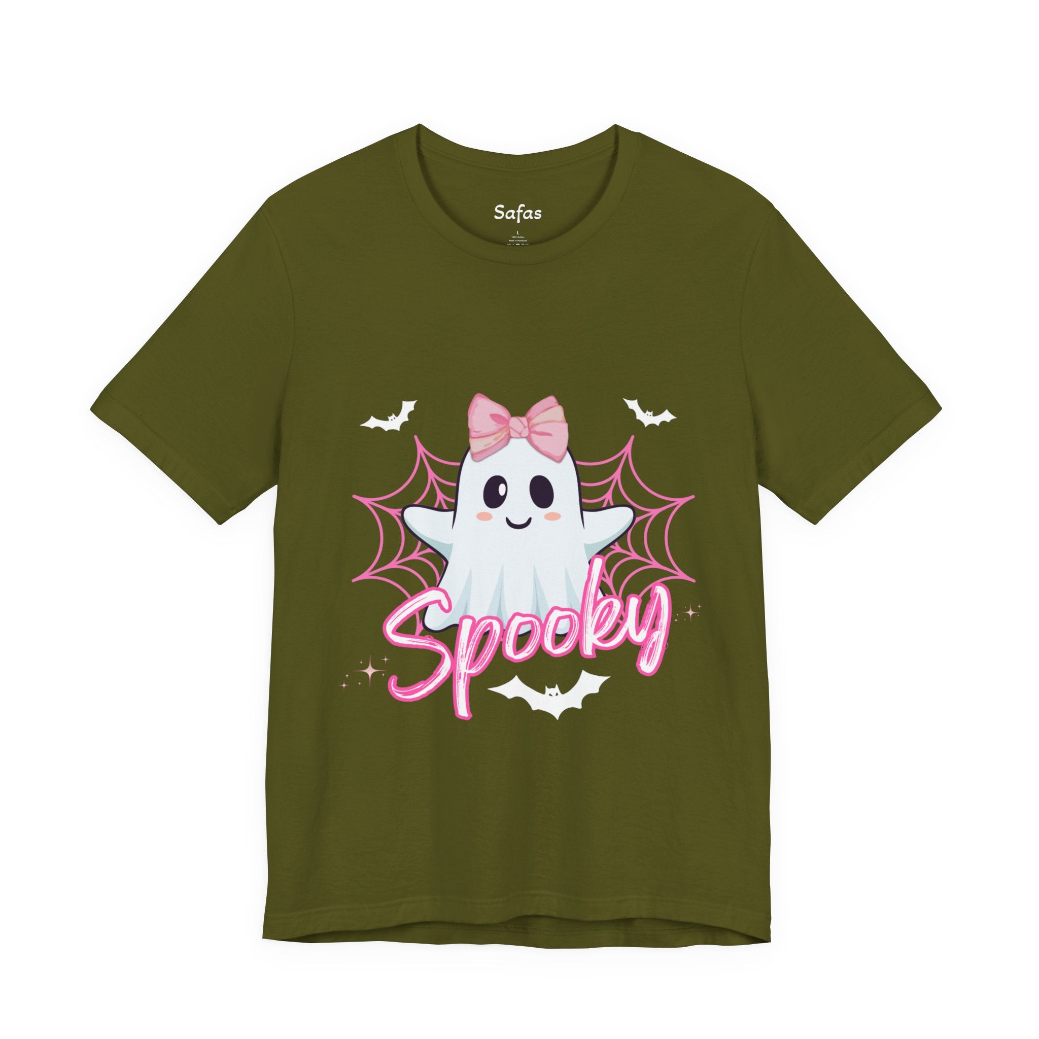 Olive t-shirt with a ghost graphic and 'Spooky' text on a white background