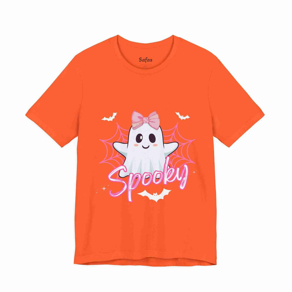 Orange t-shirt with a ghost graphic and 'Spooky' text on a white background