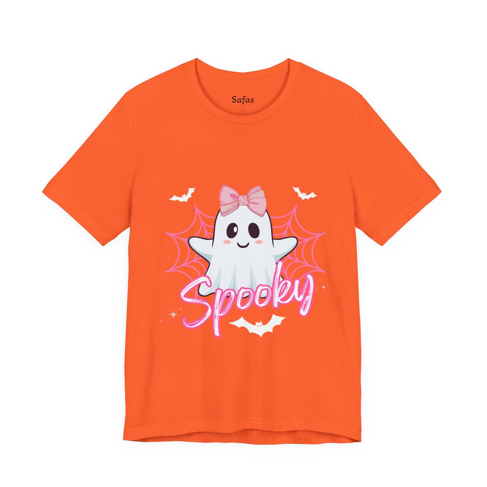 Orange t-shirt with a ghost graphic and 'Spooky' text on a white background