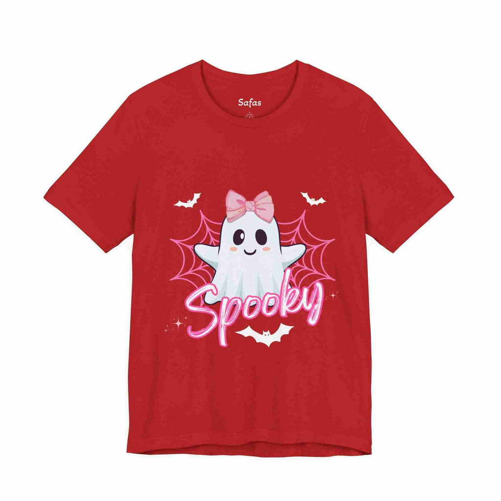 Red t-shirt with a ghost graphic and 'Spooky' text on a white background