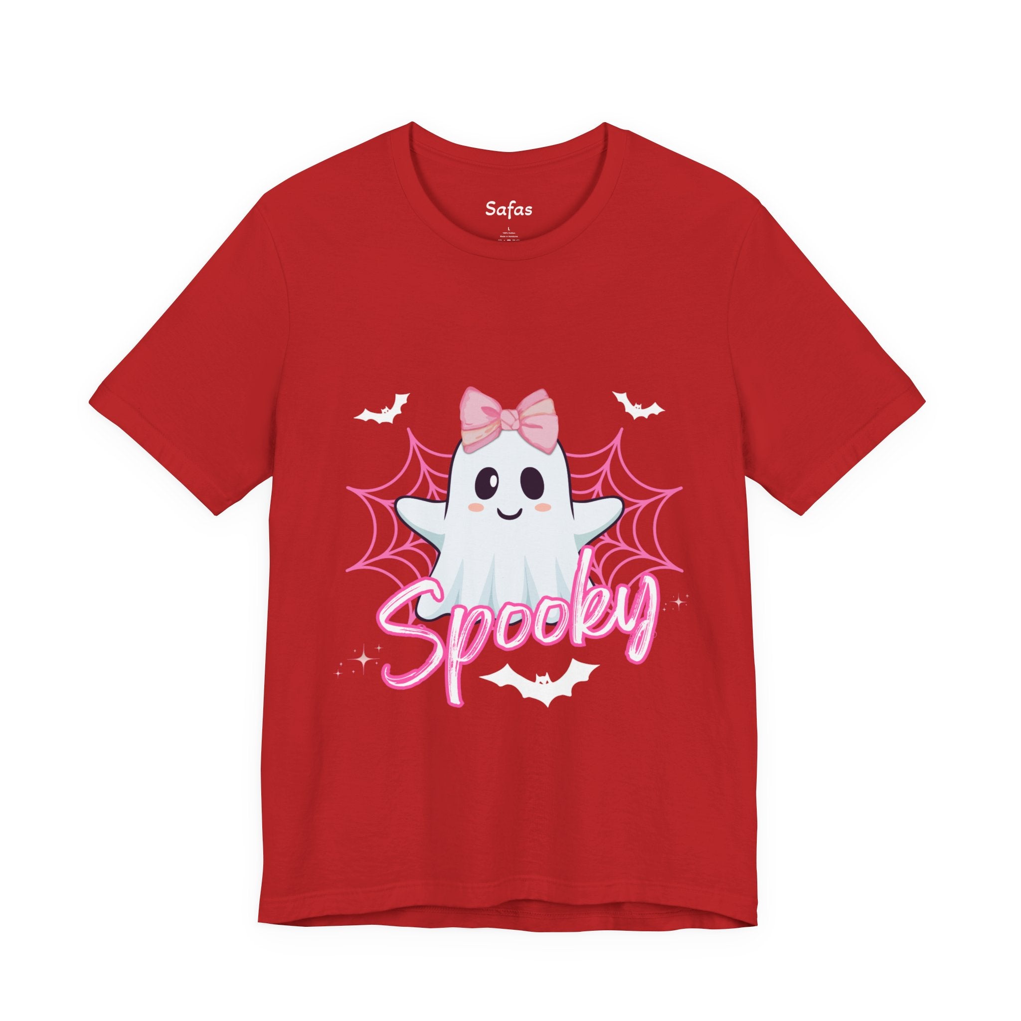 Red t-shirt with a ghost graphic and 'Spooky' text on a white background